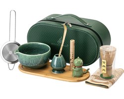 Traditionele Matcha set Deluxe - 10 delig - Premium Opbergkoffer (Hako) - Bamboe garde (Chasen) - Scooplepel(Chashaku) - Keramiek kom(Chawan) - Garde houder(Kusenaoshi) - Fliter zeef(Furui) - Onderzetter(Kozara) - Theedoek - Geurstokjes - Katdeco