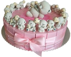 traktatie taart 24 doosjes roze met beertjes en spaarpot voor geboortefeest of babyshower uitdeel bedankje