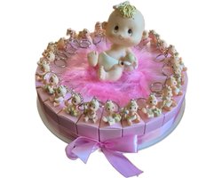 traktatie taart snoepketting 24 doosjes roze met baby sleutelhanger en spaarpot voor geboortefeest of babyshower uitdeel bedankje