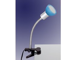 Trango LED Klemlamp 2989-010 *EASY* Tafellamp I Leeslamp I Clip Lamp met Blauw Glazen Lampenkap, Klemspot I Nachtlampje I Bureaulamp incl. 1x 5 Watt GU10 3000K warm witte LED lamp