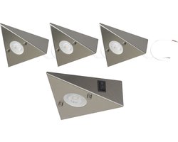 Trango Set van 4 Keukenverlichting 6739-42 incl. 4x 4,8 Watt LED module 3000K warm wit AAN/UIT schakelaar *COOK* RVS inbouwarmatuur, inbouwspot, driehoekige lamp, kastverlichting, keukenlamp