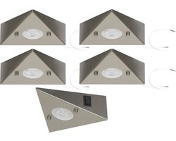 Trango Set van 5 keukenonderkastverlichting 6739-52 incl. 5x 4,8 Watt LED module 3000K warm wit *COOK* inbouwspot - inbouwspot van roestvrij staal - schakelaar - driehoekige lamp - kastverlichting - keukenlamp