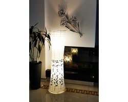TrangoDesign LED Vloerlamp 1217L *BEIJING* Rijstpapier Lamp *HANDMADE* in Wit met Bamboe Motief I incl. 2x 5 Watt E14 LED lamp - Vorm: Rond - Hoogte: ca. 125cm - Woonkamer lamp - Vloerlamp - Rijstpapier