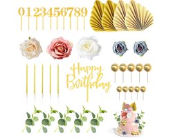 TRANKIELO® - Bohemian Taart Decoratieset – 40-Delig – Kunstbloemen, Gouden Bolvormige Toppers, Verjaardagskaarsen – Voor Verjaardagen, Bruiloften, Babyshowers, Feesten