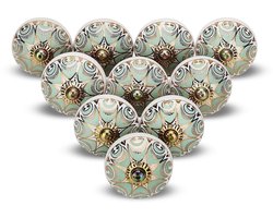 TRANKIELO® - Boho Keramische Kastknoppen - Vintage Design - 4 Stuks - Handgemaakt Groen en Goud