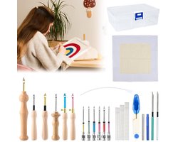 TRANKIELO® - Complete Borduurnaaldenset met Houten Handvat – 35 Stuks – Inclusief Ponsnaalden, Garenschaar, en Doeken – Ideaal voor Kussenslopen, Gordijnen, Tapijten, Tafelkleden