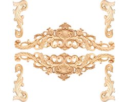 TRANKIELO® - Decoratieve Houten Figuren Set (6 stuks) – Houten Meubel- en Wanddecoratie – Vintage Stijl Houtsnijwerk voor Bed, Deur en Raam – Inclusief Hoekversieringen en Langwerpige Versieringen