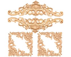 TRANKIELO® - Duurzaam Houten Ornamenten Set – 6 Stuks – Houtsnijwerk Appliqué – Decoratieve Meubelaccenten – Lange Gesneden Applicatie en Hoekornamenten