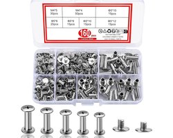 TRANKIELO® - Duurzame RVS Bindschroeven Set - 160 Stuks - Verschillende Maten – Voor Leer, Boeken, Albums en Riemen