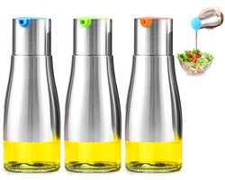 TRANKIELO® - Eiflayn Roestvrijstalen Olieflessenset – 3 Stuks, 320 ml – Olijfoliekan met Glazen Voet – Stof- en Lekvrije Olijfoliefles met Schenktuit
