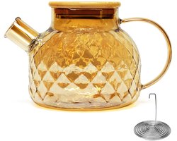 TRANKIELO® - Getextureerde Glazen Theepot met Bamboe Deksel en Verwijderbaar Filter – Borosilicaat Glazen Kan 1L – Veilig voor Werkblad – Ideaal voor Losse Thee en Theebloemen