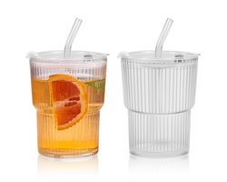 TRANKIELO® - Glazen Drinkbekers met Deksel en Rietje – 400 ml – Geribbelde Matcha Glazen – Ijskoffie Beker – Luchtdicht – Smoothie Beker – Koffiebeker - Drinkglas - Theekop