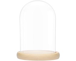 TRANKIELO® – Glazen Stolp met Natuurlijk Houten Basis – 20cm – Transparant Decoratief Display Case met Dienblad voor Decoraties en Antiek