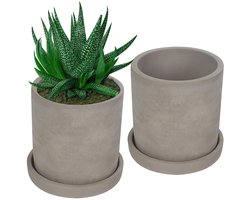 TRANKIELO® - Grijze Cementen Plantenpotten (2-pack) – Met Verwijderbare Schotel & Drainage – Duurzaam voor Binnen & Buiten