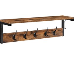 TRANKIELO® - Industriële Wandkapstok met Legplank - Vintage Bruin-Zwart - Wandhaak met 7 Haken - Multifunctioneel Wandrek voor Woonkamer, Slaapkamer en Hal