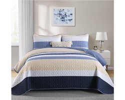 TRANKIELO® - Luxe Gestreepte Sprei 220x240 cm – Blauwe Bedsprei – Microvezel Woondeken – Inclusief 2 Kussenslopen 50x75 cm – Tweepersoons Dekbed Set