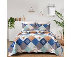 TRANKIELO® - Luxe Gewatteerde Bedsprei van 220x240cm – Blauw Patchwork Design – Inclusief 2 Kussenslopen van 50x75cm – Microvezel Quilt met Bloemenpatroon