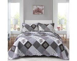 TRANKIELO® - Luxe Patchwork Bedsprei Set 220x240 cm – Microvezel Quilt met Bloemenpatroon – Inclusief 2 Kussenslopen 48x75 cm – Zwart-Grijs
