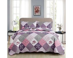 TRANKIELO® - Luxe Sprei 220x240 – Patchwork Design – Microvezel – Met Kussenslopen – Roze en Paars