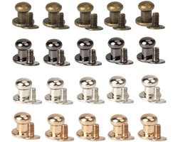 TRANKIELO® – Mix van Lederen Klinknagels 100 stuks – Rond, Massief, Hol – 6mm Schroefknopen met Dubbele Cap – Goud, Zilver, Zwart, Brons