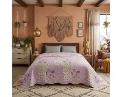 TRANKIELO® - Patchwork sprei 220x240cm - Romantische lila rozen - Vintage bedsprei - Zacht en onderhoudsvriendelijk