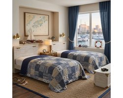 TRANKIELO® - Patchwork sprei Mellow Blue - Vintage design, eenpersoonsbed plaid, 140 x 210 cm