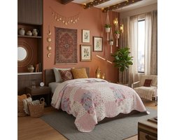 TRANKIELO® - Patchworkdeken in landelijke stijl - Rozenpatroon - Zacht gewatteerd - 220 x 240 cm