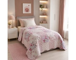 TRANKIELO® - Patchworkdeken met rozenmotief – Landelijke stijl – Bedsprei 140 x 210 cm – Zacht gewatteerd