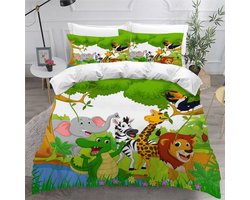 TRANKIELO® - Premium 3D-beddengoedset, 140 x 200 cm - Jungle dieren thema - Microvezel Dekbedovertrek - 3-delig - Voor eenpersoonsbedden - Ideaal voor kinderen, tieners, jongens & meisjes