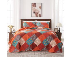 TRANKIELO® - Premium Dekbed Sprei – 220 x 240 cm – Rood-Oranje Patchwork Design – Lichtgewicht & Comfortabel – Inclusief 2 Kussenslopen