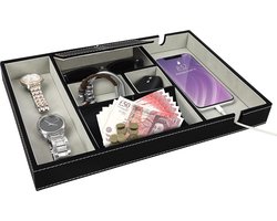 TRANKIELO® - Premium Valet Dressoir Organiser – Zwart Faux Lederen Nachtkastje Bureau Opslag – 6 Compartimenten voor Telefoon, Sleutels, Sieraden, Accessoires