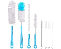 TRANKIELO® - Reinigingsborstels voor Flessen en Rietjes, Set van 8 – Flexibele en Duurzame Borstelharen – Geschikt voor Babyflessen, Waterpijpen, Theepotten - Blauw