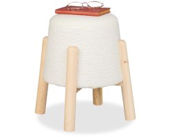 TRANKIELO® - Ronde teddy kruk met houten poten – 40x30 cm – Max. 80 kg – Wit-natuur – Multifunctionele zitoplossing