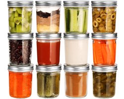TRANKIELO® – Set van 12 Glazen Mason Jars met Metalen Deksel – Luchtdichte Inmaakpotten van 200ml – Voedselopslag Potten voor Onder andere Overnight Oats, Jam, Inmaken, Jelly en Maaltijdvoorbereiding
