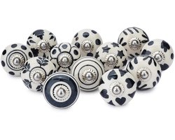 TRANKIELO® - Set van 12 handgeschilderde keramische knoppen – Wit & zwart – Decoratieve meubelgrepen voor kast en lade