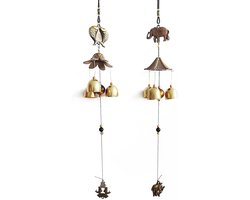 TRANKIELO® - Set van 2 Vintage Bronzen Windgongen – Chinese Stijl Wind Bellen – Feng Shui Decoratie – Vormen van Vissen en Olifanten – Voor Huis, Tuin en Balkon