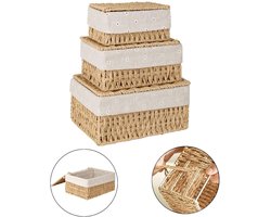 TRANKIELO® - Set van 3 Opbergmanden met Deksel – Vierkant Design – Handgemaakt Papiertouw – Multifunctioneel Gebruik – Boho-Stijl