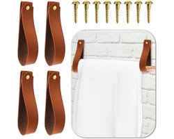 TRANKIELO® – Set van 4 Lederen Wandhaken – Handdoekhaak – Riemen Hanger – Plank Muur Opknoping – Badkamer, Keuken, Slaapkamer Decoratie – Nordic Boho Stijl – Geblazen"