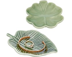 TRANKIELO® - Sieraden Opslag Schotel Set in Bladvorm – Groen Keramiek – Set van 2 – Maatvariëteit