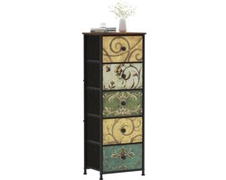 TRANKIELO® - Smalle Commodekast met 5 Stoffen Laden – Vintage Design – Ideaal voor Slaapkamer en Woonkamer