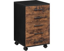 TRANKIELO® - Vintage Archiefkast met 5 Laden – Rolcontainer – Houten Bureaukast – Industriële Stijl – Donkerbruin en Zwart