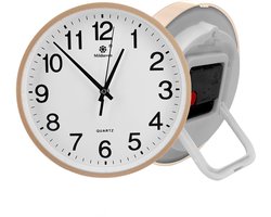 TRANKIELO® - Wandklok van 23 cm – Geruisloos & Precies - Modern Wit Design - Veelzijdig als Muurklok of Tafelklok te Gebruiken - Geschikt voor Keuken, Woonkamer, Kantoor - Goudkleurig