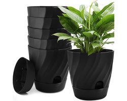 TRANKIELO® - Zelfbewaterende Plantenpotten van Hoogwaardig Kunststof – Set van 6 – Diameter 12 cm – Ronde Bloempot – Ideaal voor Kruiden, Orchideeën en Bonsai – Zwart