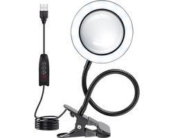 TRANSNECT® - Loeplamp met LED Verlichting - 10x Vergroting - Dimbaar - USB Aansluiting - met Metalen Tafelklem - voor Thuis, Kantoor, Slaapkamer, Lezen, Werken, Studeren - Zwart