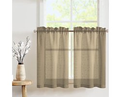 Transparant Vitrage Gordijn Landhuisstijl - Korte Bistrogordijn met Kruispatroon - Set van 2 60 cm Taupe