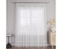 Transparant Voile Gordijn met Satijnen Lint - 245 cm x 450 cm - Wit