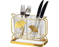 Transparante bestekbak met twee compartimenten en een lekvrije bak, voorzien van een hangende bestekhouder voor het opbergen van messen, vorken en lepels. Deze elegante bestekbak is geschikt voor keukenwerkbladen en banketarrangementen.