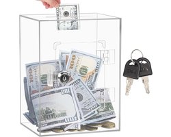 Transparante Donatiebox met Slot - Vierkante Geldbox voor Volwassenen, 15 x 12 x 20 cm, Ideaal voor Budgettering, Sparen en Muntenopslag