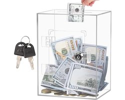 Transparante Donatiebox met Slot - Vierkante Geldbox voor Volwassenen, Ideaal voor Budgettering, Sparen en Munten opslag, 15 x 12 x 20 cm
