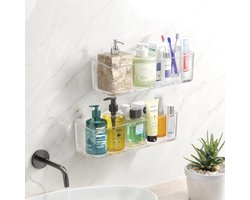 Transparante Doucheplank zonder Boren - 2 Stuks Badkamer Organizer met Afvoeropeningen, Zuignappen en Shower Caddy (Groot)